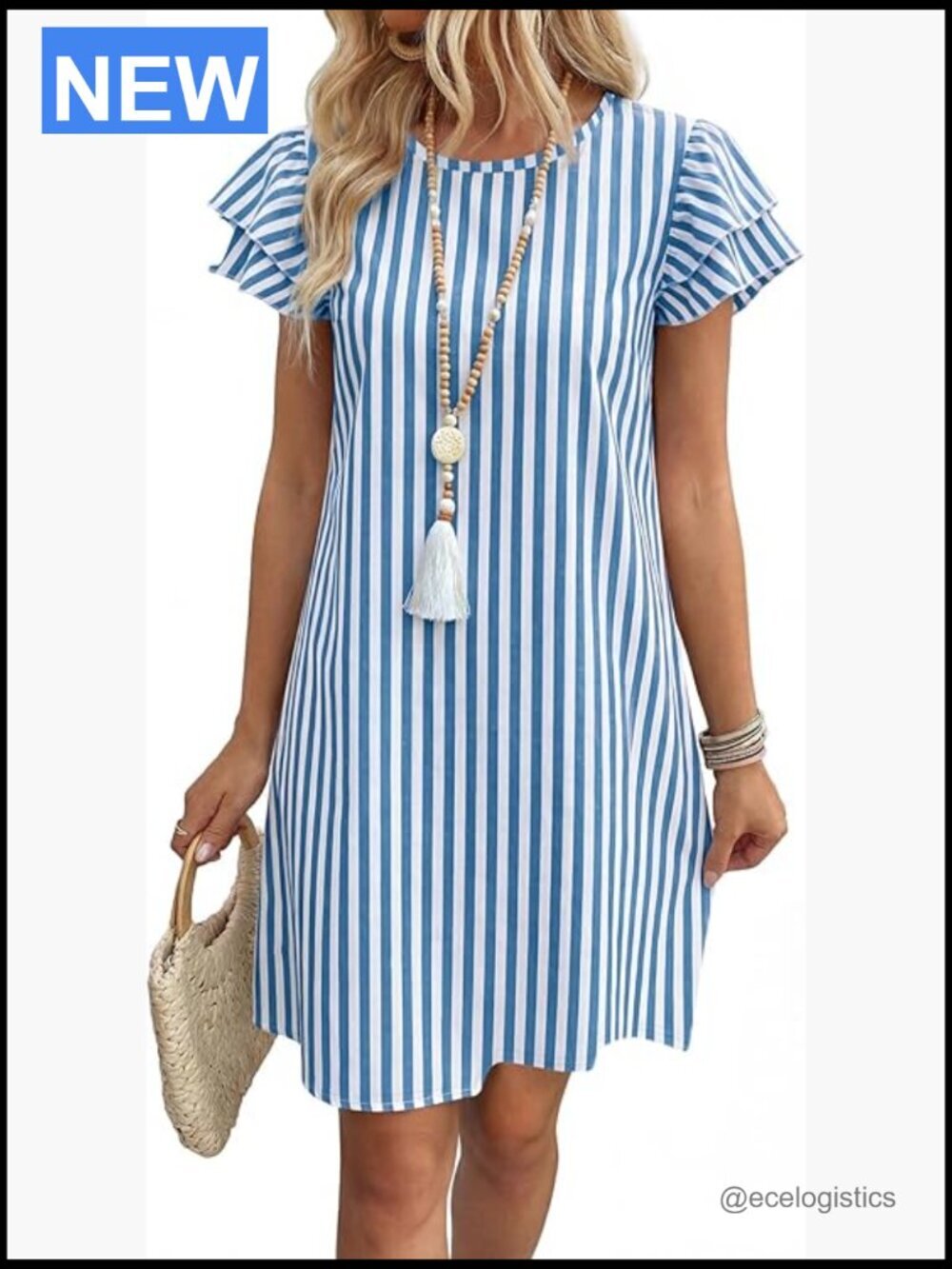 Womens Summer Dress Ruffle Sleeve Round Neck Loose Swing Sundress Pockets